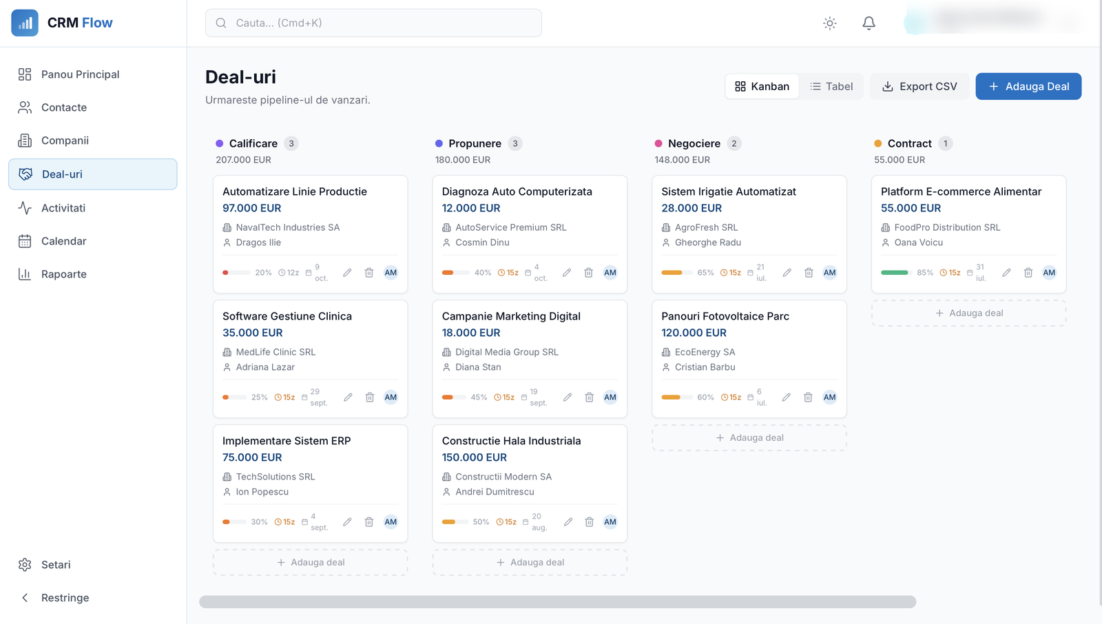 Toate modulele programului CRM Flow - pipeline Kanban cu deal-uri pe etape
