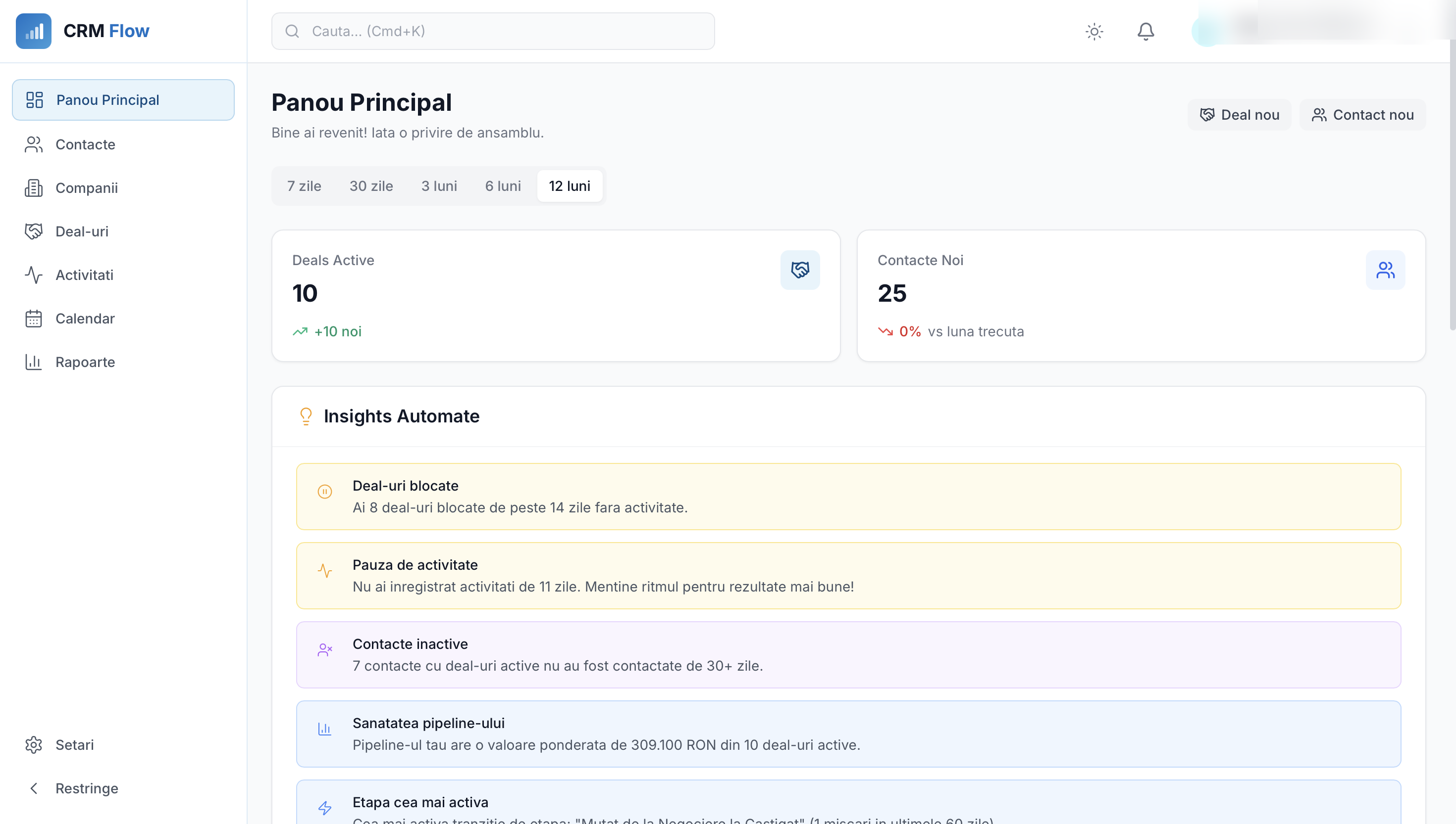 Dashboard aplicatie CRM Flow cu KPI-uri live, deal-uri active si valoare pipeline