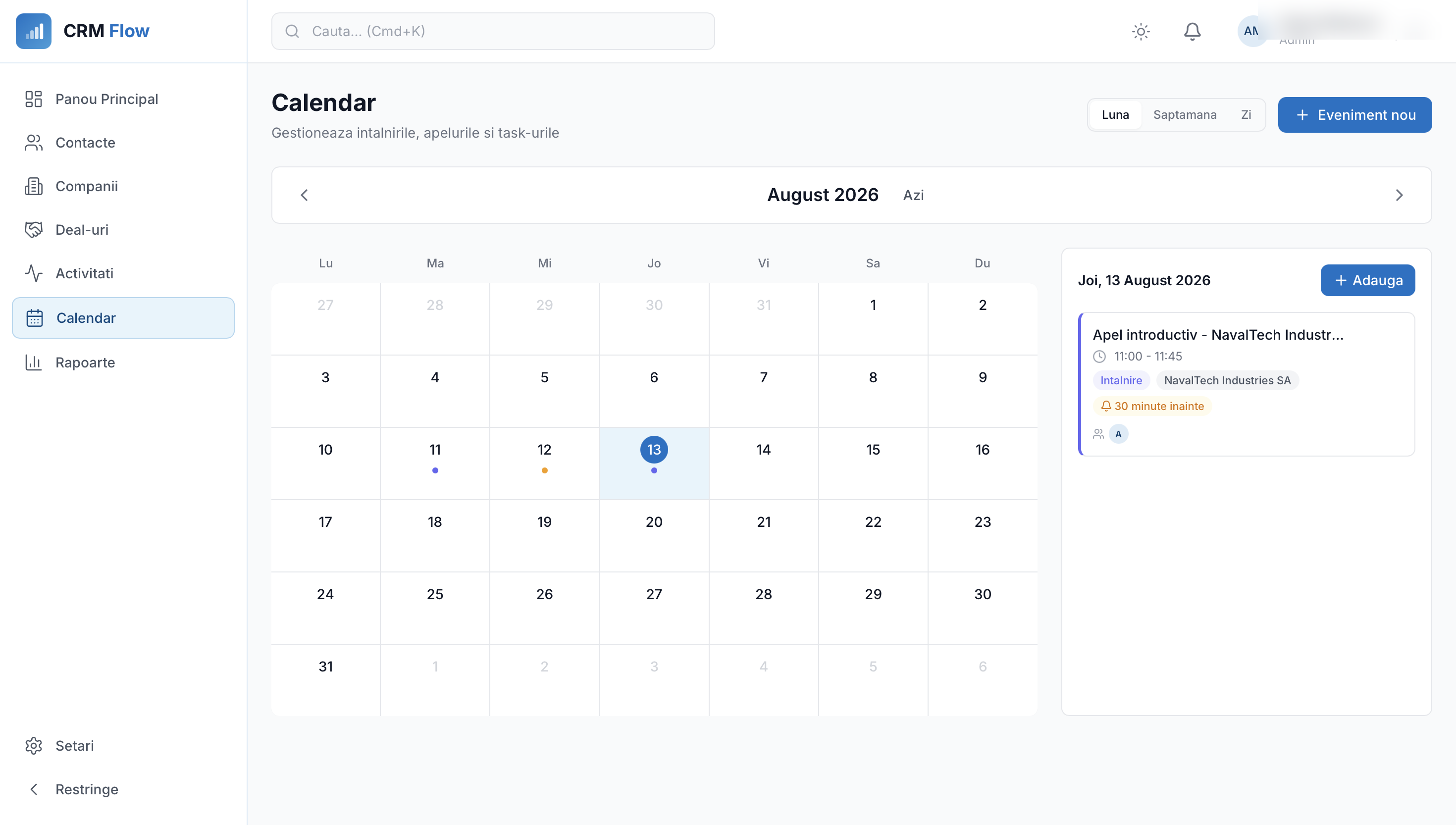 Calendar CRM Flow cu vizualizare lunara, task-uri si intalniri programate